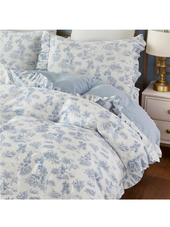 Other - Ruffled Toile Comforter Set in Light Blue and White